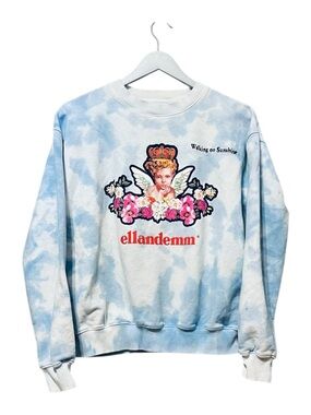 Ellandemm Tie Dye Sweatshirt Blue White Cherub Graphic Small